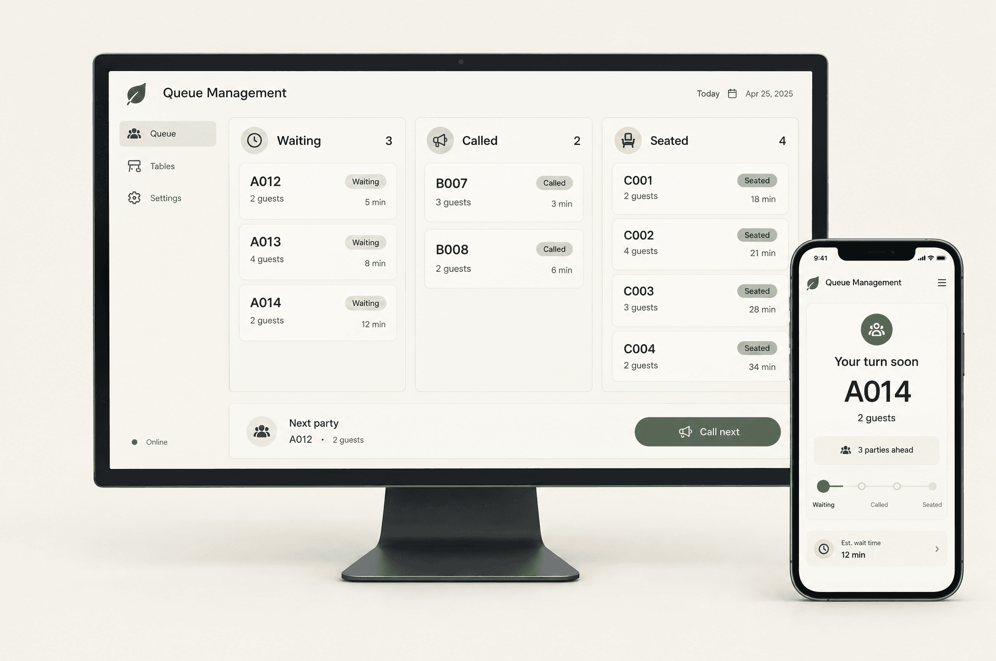 Queue Management System: illustrative desktop and mobile software concept