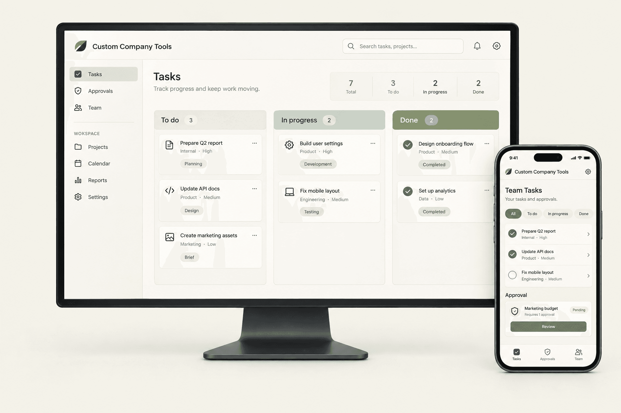 Custom Company Tools: illustrative desktop and mobile software concept