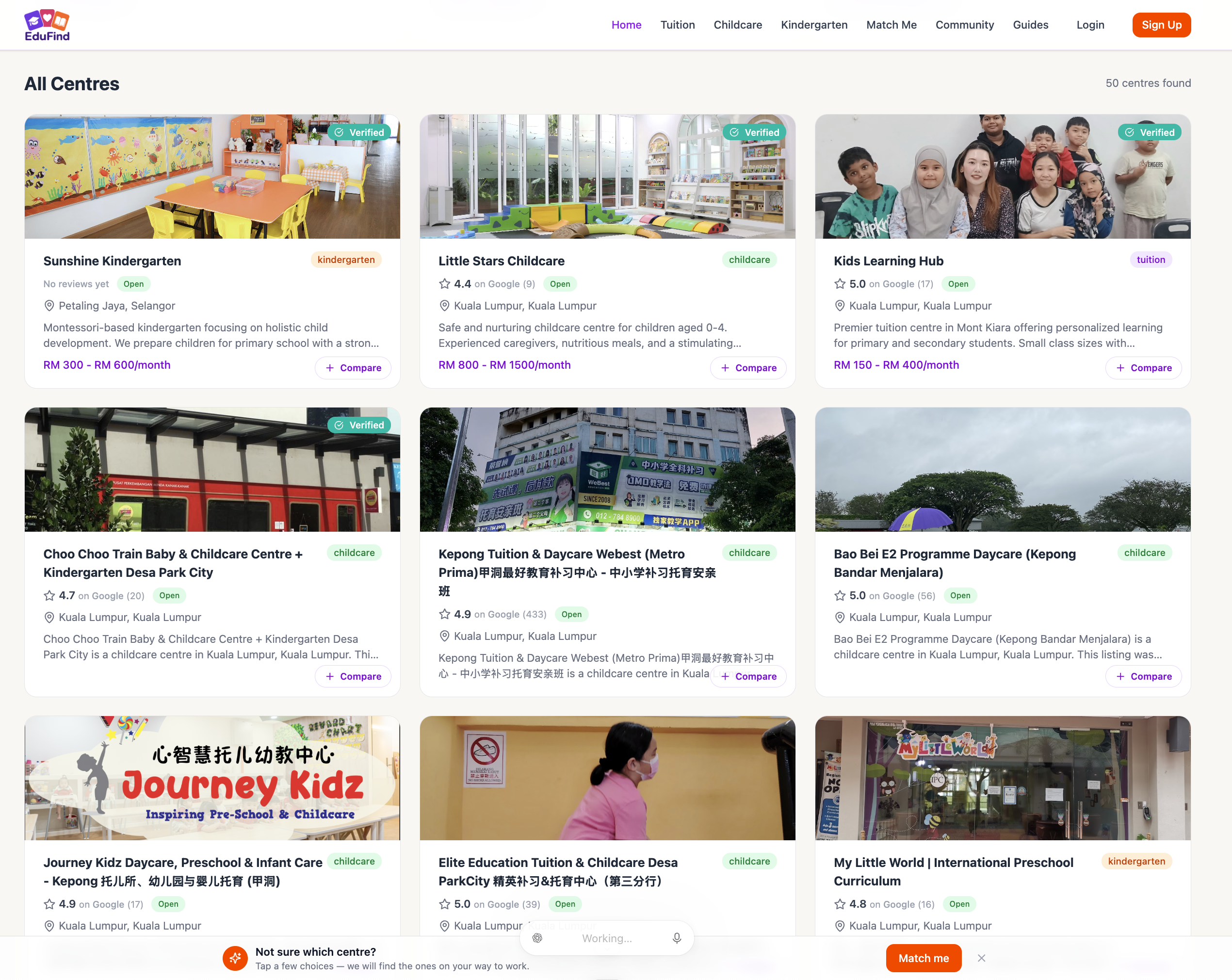 EduFind centre directory showing kindergarten, childcare and tuition listings with comparison options.