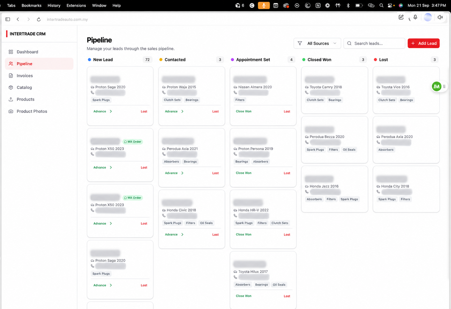 Intertrade CRM sales pipeline with lead names and phone numbers obscured for privacy.